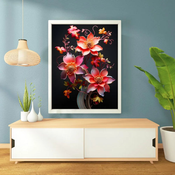 tableau fleurs élégantes / art floral moderne / décoration murale raffinée / bouquet de fleurs rouges et roses / fond noir contrasté / style artistique sophistiqué / peinture florale contemporaine / déco zen et apaisante / impression sur toile / tableau chic et moderne / décoration intérieure fleurie / toile / tableau / touteladeco