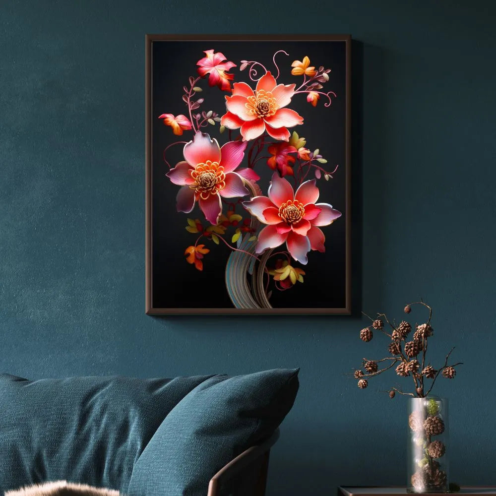 tableau fleurs élégantes / art floral moderne / décoration murale raffinée / bouquet de fleurs rouges et roses / fond noir contrasté / style artistique sophistiqué / peinture florale contemporaine / déco zen et apaisante / impression sur toile / tableau chic et moderne / décoration intérieure fleurie / toile / tableau / touteladeco