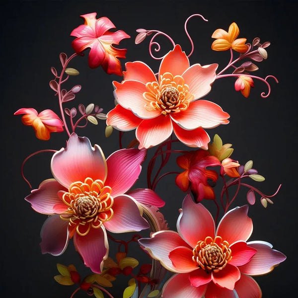 tableau fleurs élégantes / art floral moderne / décoration murale raffinée / bouquet de fleurs rouges et roses / fond noir contrasté / style artistique sophistiqué / peinture florale contemporaine / déco zen et apaisante / impression sur toile / tableau chic et moderne / décoration intérieure fleurie / toile / tableau / touteladeco