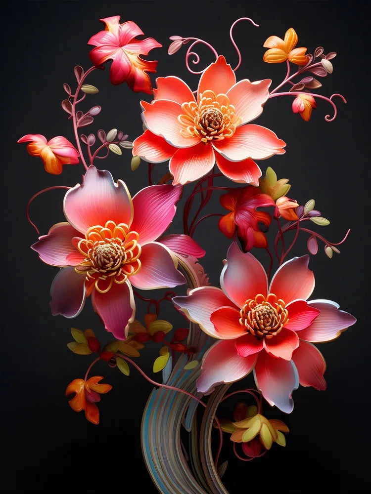 tableau fleurs élégantes / art floral moderne / décoration murale raffinée / bouquet de fleurs rouges et roses / fond noir contrasté / style artistique sophistiqué / peinture florale contemporaine / déco zen et apaisante / impression sur toile / tableau chic et moderne / décoration intérieure fleurie / toile / tableau / touteladeco