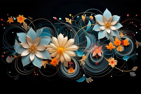 Touteladeco / Toile / Tableau / Abstrait / Fond Noir / Idée Cadeau / Fleurs / Colorés / Farandole