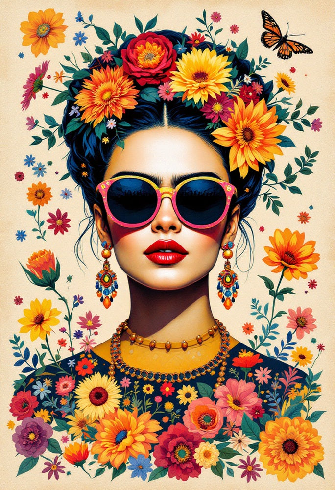 Touteladeco / Toile / Tableau / tableau Frida Kahlo / déco pop art femme / toile bohème fleurie / art mural féminin / affiche Frida fleur