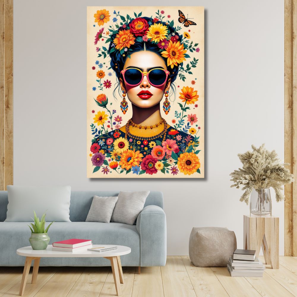 Touteladeco / Toile / Tableau / tableau Frida Kahlo / déco pop art femme / toile bohème fleurie / art mural féminin / affiche Frida fleur