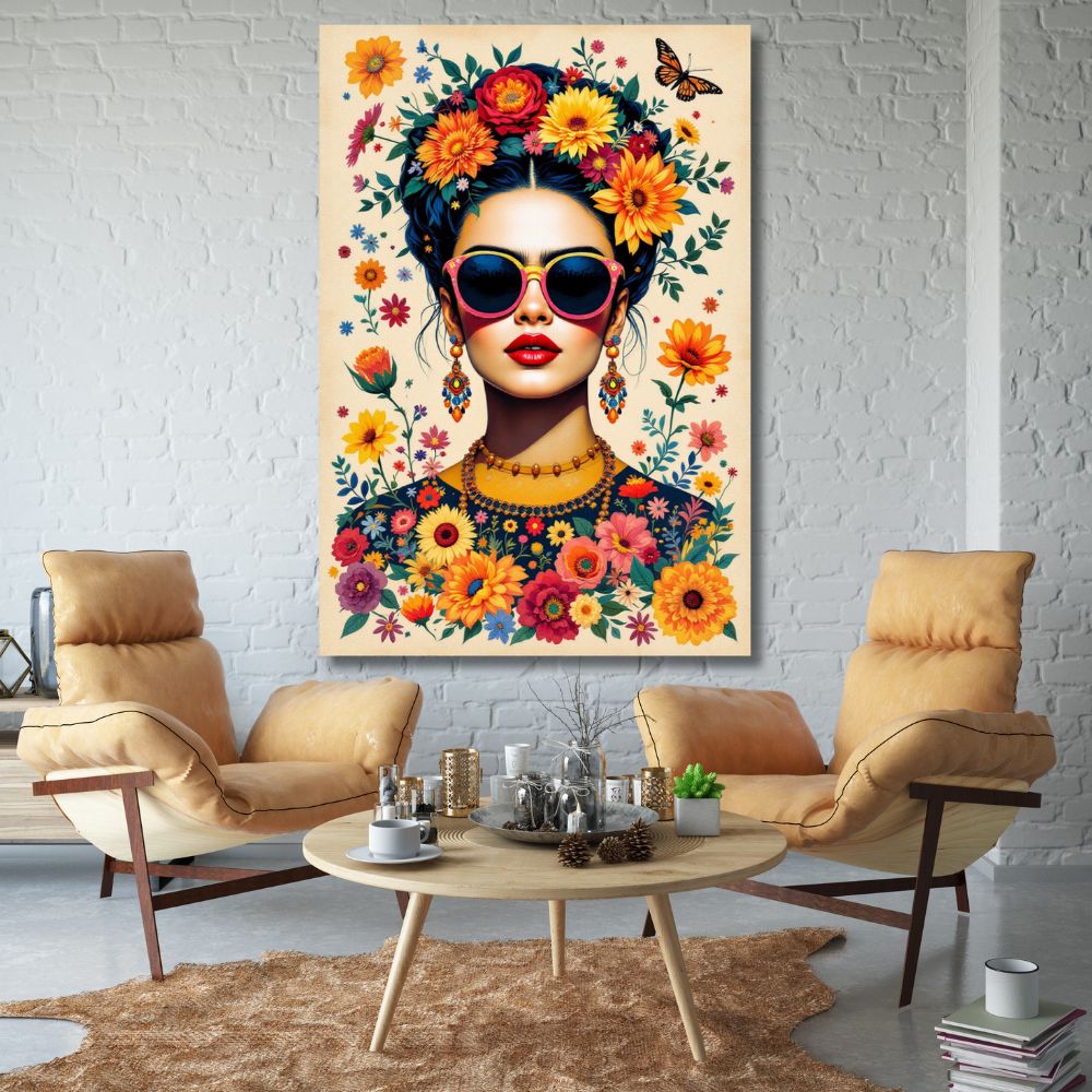 Touteladeco / Toile / Tableau / tableau Frida Kahlo / déco pop art femme / toile bohème fleurie / art mural féminin / affiche Frida fleur