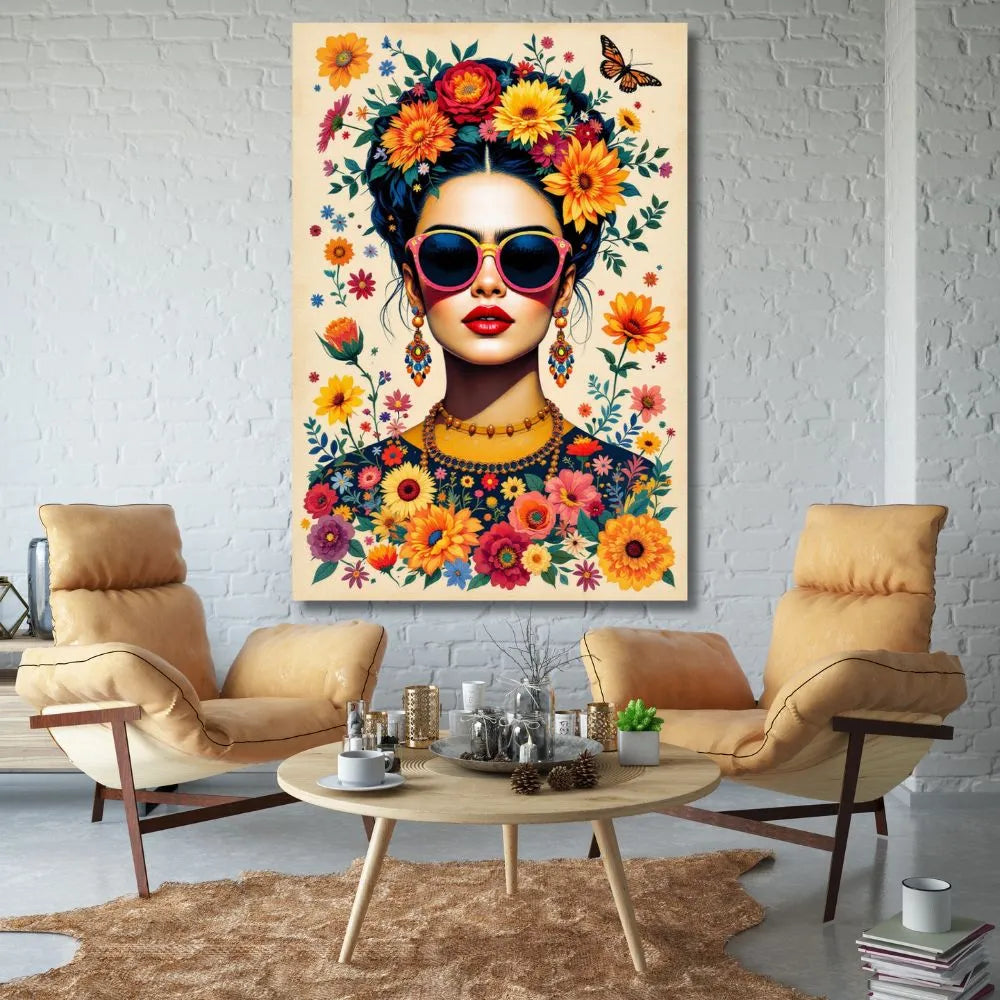 Touteladeco / Toile / Tableau / tableau Frida Kahlo / déco pop art femme / toile bohème fleurie / art mural féminin / affiche Frida fleur