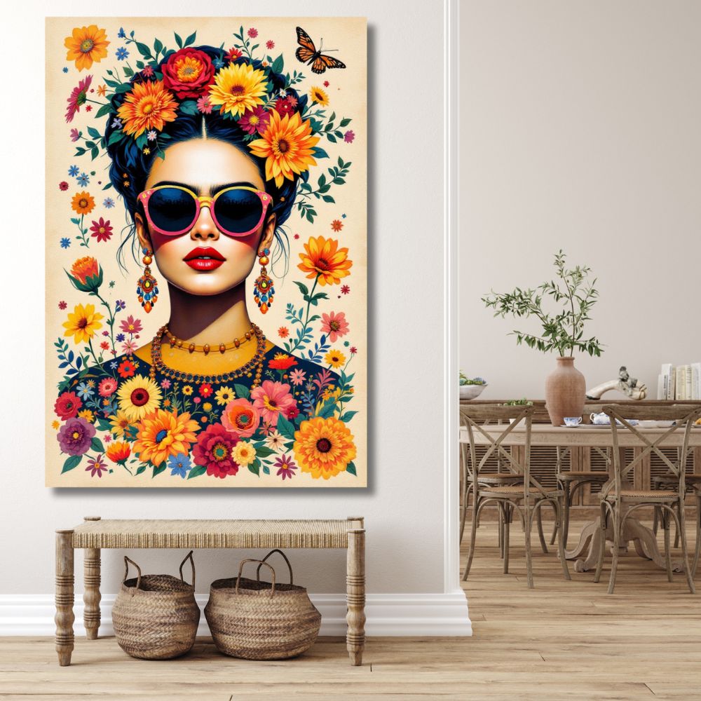 Touteladeco / Toile / Tableau / tableau Frida Kahlo / déco pop art femme / toile bohème fleurie / art mural féminin / affiche Frida fleur