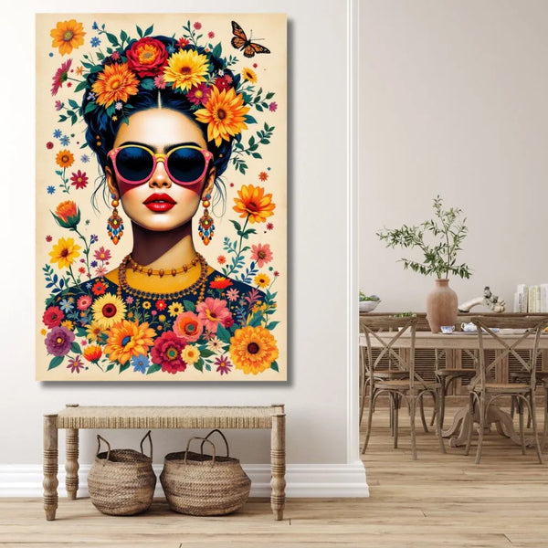 Touteladeco / Toile / Tableau / tableau Frida Kahlo / déco pop art femme / toile bohème fleurie / art mural féminin / affiche Frida fleur