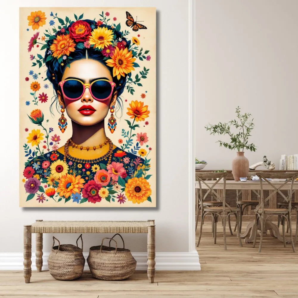 Touteladeco / Toile / Tableau / tableau Frida Kahlo / déco pop art femme / toile bohème fleurie / art mural féminin / affiche Frida fleur