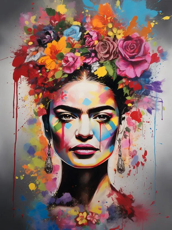 Touteladeco / Tableau Pop Art / Street Art / Girl Power / Grafiti / Décoration Murale / Décoration de maison / Moderne / Graffiti / Femme / Visage / Couleur / Fleurs / Frida Kahlo