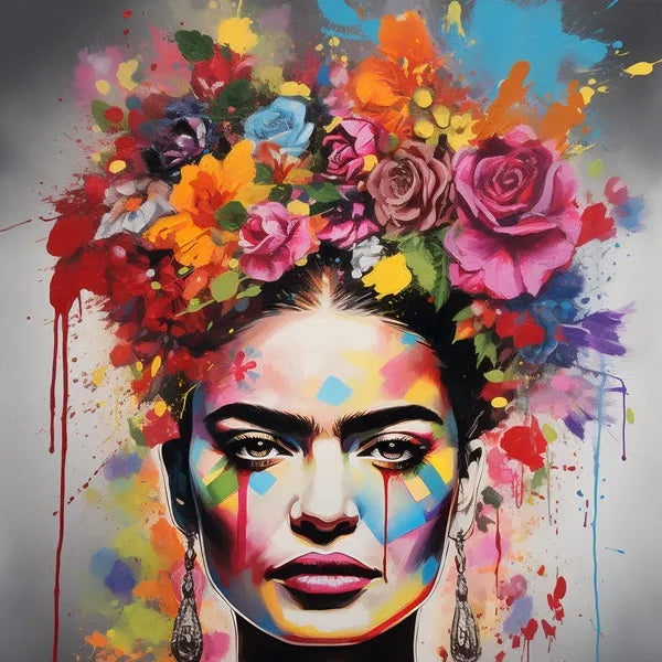 Touteladeco / Tableau Pop Art / Street Art / Girl Power / Grafiti / Décoration Murale / Décoration de maison / Moderne / Graffiti / Femme / Visage / Couleur / Fleurs / Frida Kahlo