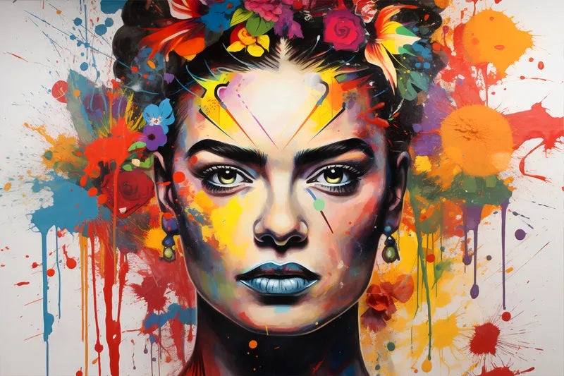 Touteladeco / Tableau Pop Art / Street Art / Girl Power / Grafiti / Décoration Murale / Décoration de maison / Moderne / Graffiti / Femme / Visage / Couleur / Fleurs / Frida Kahlo