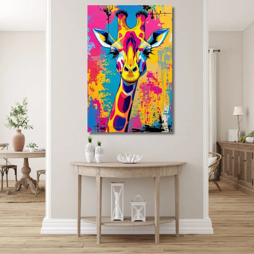Touteladeco / Toile / Tableau / tableau girafe pop art / toile girafe colorée / déco murale animal / art urbain graffiti / tableau coloré salon / toile humoristique design
