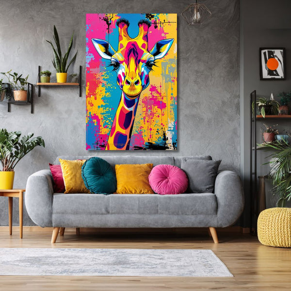 Touteladeco / Toile / Tableau / tableau girafe pop art / toile girafe colorée / déco murale animal / art urbain graffiti / tableau coloré salon / toile humoristique design