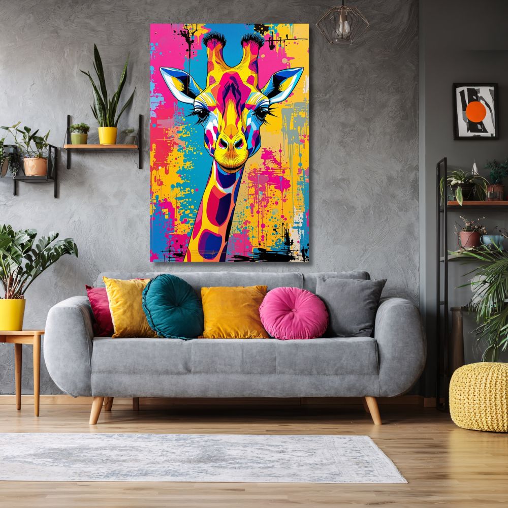 Touteladeco / Toile / Tableau / tableau girafe pop art / toile girafe colorée / déco murale animal / art urbain graffiti / tableau coloré salon / toile humoristique design