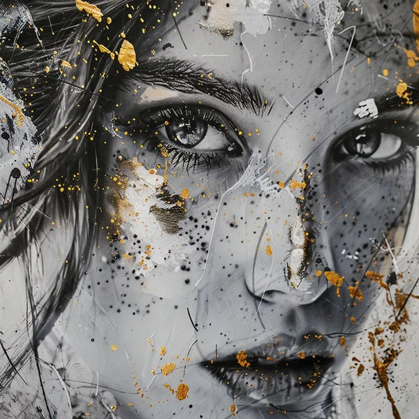 Touteladeco / Toile / tableau / tableau femme / visage doré / art moderne / portrait féminin / décoration murale / regard expressif / toile contemporaine