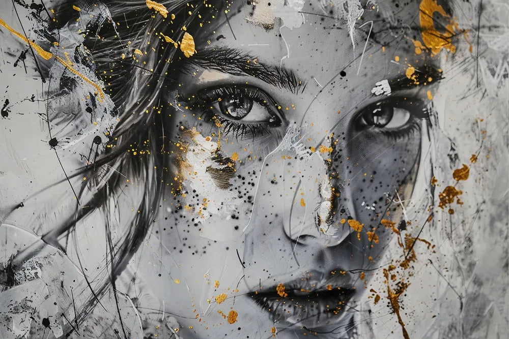 Touteladeco / Toile / tableau / tableau femme / visage doré / art moderne / portrait féminin / décoration murale / regard expressif / toile contemporaine