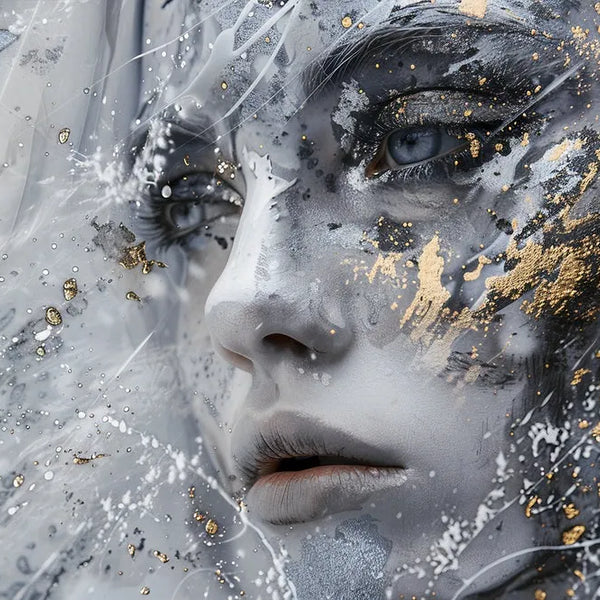 Touteladeco / Toile / tableau / tableau femme / visage froid / art doré / portrait poétique / toile contemporaine / décoration élégante / style féerique / éclats dorés