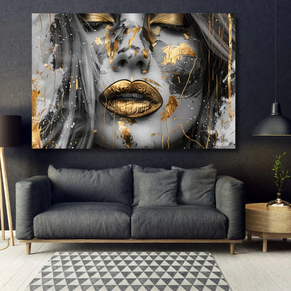 Touteladeco / Toile / Tableau / tableau femme or / art portrait féminin / toile contemporaine glamour / décoration murale élégante / visage doré sensualité