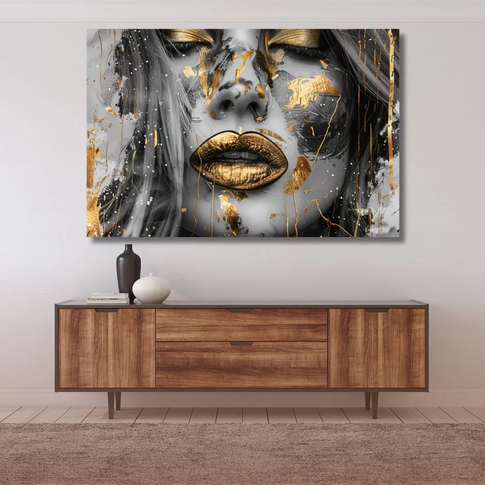 Touteladeco / Toile / Tableau / tableau femme or / art portrait féminin / toile contemporaine glamour / décoration murale élégante / visage doré sensualité