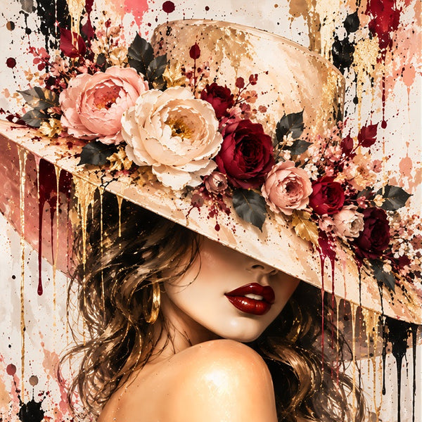 Tableau femme, Tableau femme au chapeau, Tableau fleurs, Tableau Street Art, Tableau glamour, Tableau portrait féminin, Tableau femme élégante, Tableau roses, Décoration murale femme, Tableau chic, Tableau doré, Tableau rose et bordeaux, Tableau moderne, Toile femme, Tableau fashion, Décoration salon, Décoration chambre, Art urbain