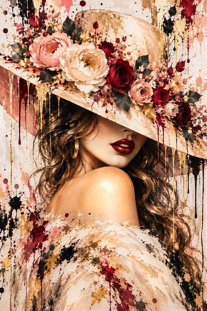 Tableau femme, Tableau femme au chapeau, Tableau fleurs, Tableau Street Art, Tableau glamour, Tableau portrait féminin, Tableau femme élégante, Tableau roses, Décoration murale femme, Tableau chic, Tableau doré, Tableau rose et bordeaux, Tableau moderne, Toile femme, Tableau fashion, Décoration salon, Décoration chambre, Art urbain