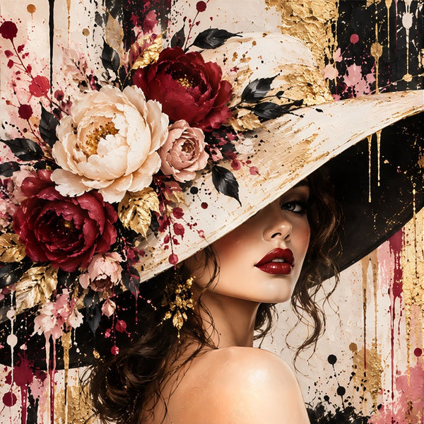 Tableau femme, Tableau chapeau fleuri, Tableau glamour, Tableau chic, Tableau portrait féminin, Tableau fleurs, Tableau femme élégante, Tableau bordeaux, Tableau beige et doré, Tableau mode, Tableau couture, Décoration murale chic, Toile femme, Art contemporain, Tableau tendance, Décoration salon, Décoration chambre