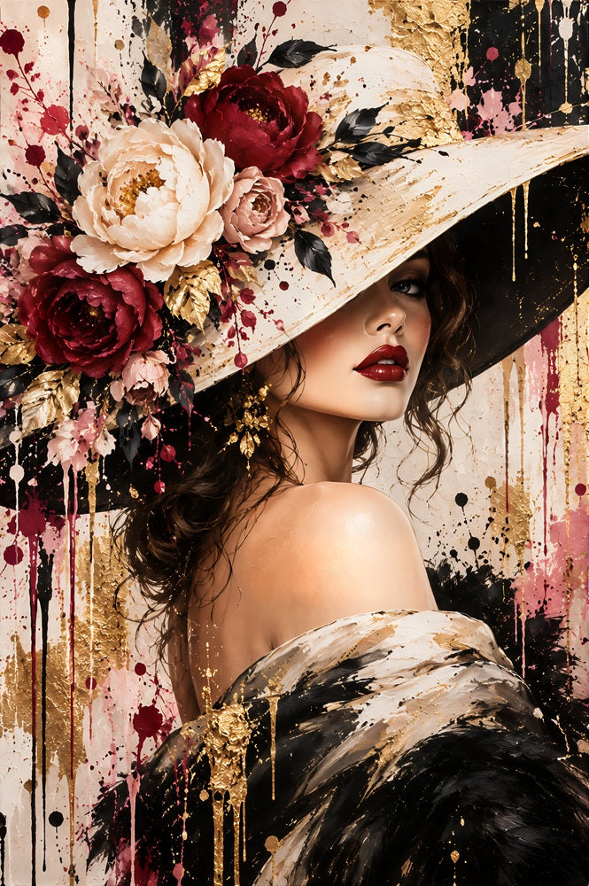 Tableau femme, Tableau chapeau fleuri, Tableau glamour, Tableau chic, Tableau portrait féminin, Tableau fleurs, Tableau femme élégante, Tableau bordeaux, Tableau beige et doré, Tableau mode, Tableau couture, Décoration murale chic, Toile femme, Art contemporain, Tableau tendance, Décoration salon, Décoration chambre