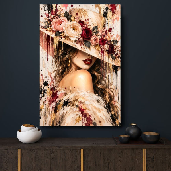 Tableau femme, Tableau femme au chapeau, Tableau fleurs, Tableau Street Art, Tableau glamour, Tableau portrait féminin, Tableau femme élégante, Tableau roses, Décoration murale femme, Tableau chic, Tableau doré, Tableau rose et bordeaux, Tableau moderne, Toile femme, Tableau fashion, Décoration salon, Décoration chambre, Art urbain