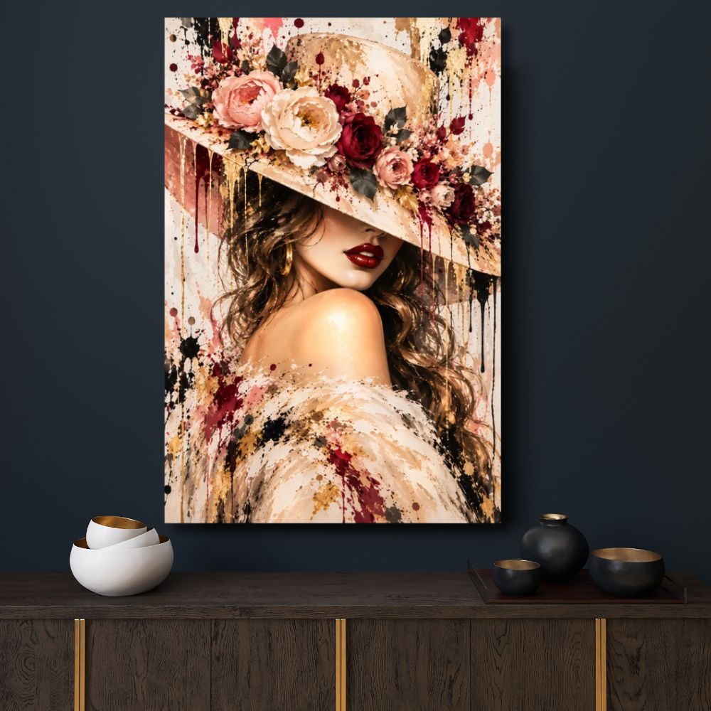 Tableau femme, Tableau femme au chapeau, Tableau fleurs, Tableau Street Art, Tableau glamour, Tableau portrait féminin, Tableau femme élégante, Tableau roses, Décoration murale femme, Tableau chic, Tableau doré, Tableau rose et bordeaux, Tableau moderne, Toile femme, Tableau fashion, Décoration salon, Décoration chambre, Art urbain