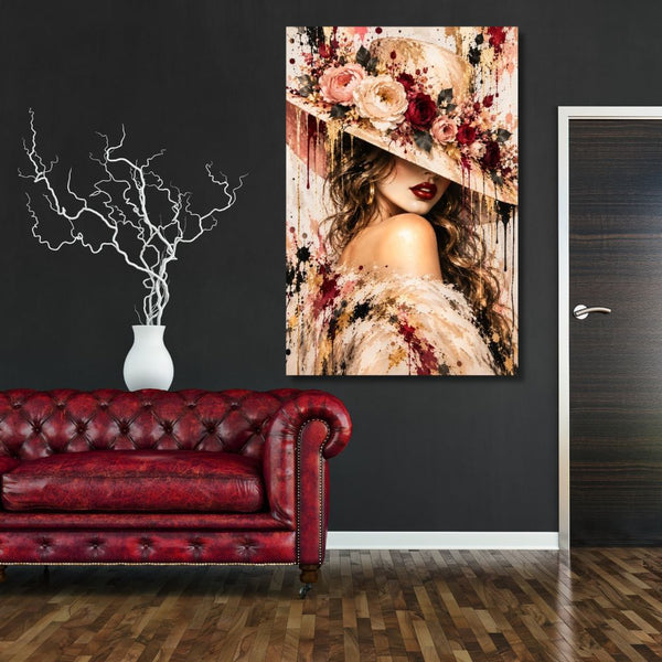 Tableau femme, Tableau femme au chapeau, Tableau fleurs, Tableau Street Art, Tableau glamour, Tableau portrait féminin, Tableau femme élégante, Tableau roses, Décoration murale femme, Tableau chic, Tableau doré, Tableau rose et bordeaux, Tableau moderne, Toile femme, Tableau fashion, Décoration salon, Décoration chambre, Art urbain