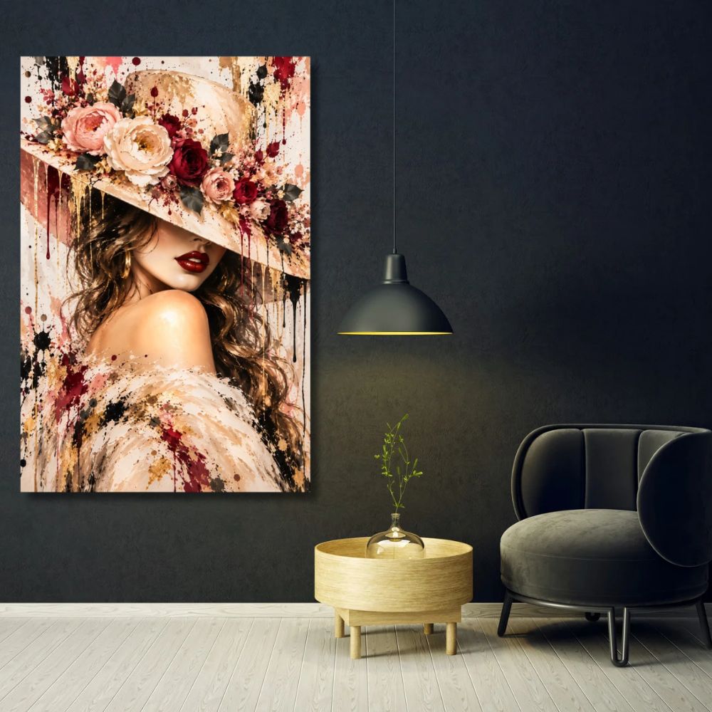 Tableau femme, Tableau femme au chapeau, Tableau fleurs, Tableau Street Art, Tableau glamour, Tableau portrait féminin, Tableau femme élégante, Tableau roses, Décoration murale femme, Tableau chic, Tableau doré, Tableau rose et bordeaux, Tableau moderne, Toile femme, Tableau fashion, Décoration salon, Décoration chambre, Art urbain