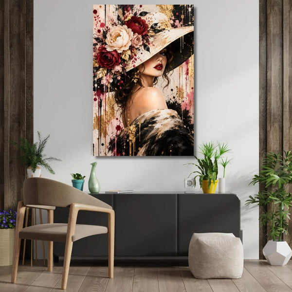 Tableau femme, Tableau chapeau fleuri, Tableau glamour, Tableau chic, Tableau portrait féminin, Tableau fleurs, Tableau femme élégante, Tableau bordeaux, Tableau beige et doré, Tableau mode, Tableau couture, Décoration murale chic, Toile femme, Art contemporain, Tableau tendance, Décoration salon, Décoration chambre