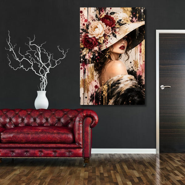 Tableau femme, Tableau chapeau fleuri, Tableau glamour, Tableau chic, Tableau portrait féminin, Tableau fleurs, Tableau femme élégante, Tableau bordeaux, Tableau beige et doré, Tableau mode, Tableau couture, Décoration murale chic, Toile femme, Art contemporain, Tableau tendance, Décoration salon, Décoration chambre