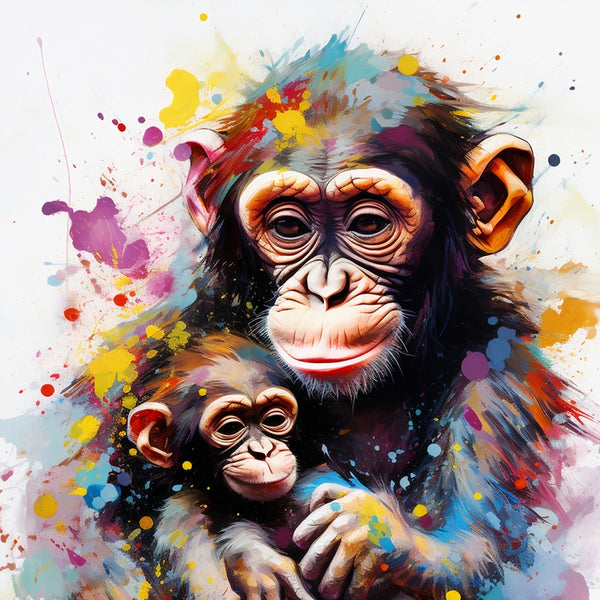Touteladeco / Tableau / Toile / tableau singe maman et bébé / art animalier coloré / décoration murale tendre / peinture moderne de singes / lien maternel émouvant / explosion de couleurs / style artistique expressif / déco chaleureuse et familiale / impression sur toile / tableau plein d’amour et de douceur