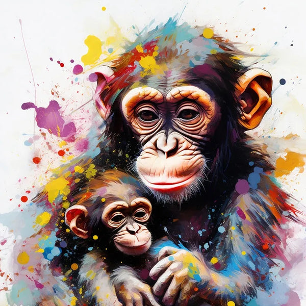Touteladeco / Tableau / Toile / tableau singe maman et bébé / art animalier coloré / décoration murale tendre / peinture moderne de singes / lien maternel émouvant / explosion de couleurs / style artistique expressif / déco chaleureuse et familiale / impression sur toile / tableau plein d’amour et de douceur