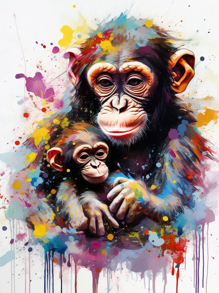 Touteladeco / Tableau / Toile / tableau singe maman et bébé / art animalier coloré / décoration murale tendre / peinture moderne de singes / lien maternel émouvant / explosion de couleurs / style artistique expressif / déco chaleureuse et familiale / impression sur toile / tableau plein d’amour et de douceur