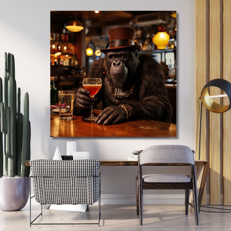 Touteladeco / Toile / Tableau / tableau gorille / déco bar chic / animaux en costume / art mural gorille / street art luxe / décoration originale / toile gorille élégant / tableau singe bar / ambiance lounge