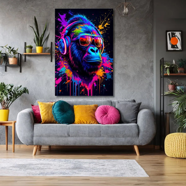 Touteladeco / Toile / Tableau / tableau gorille fluo / déco street art / art urbain / toile DJ néon / gorille moderne / graffiti coloré / déco murale pop / art contemporain