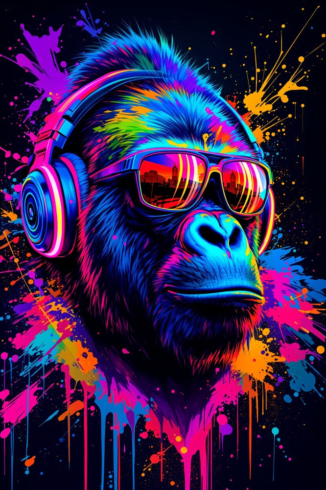 Touteladeco / Toile / Tableau / tableau gorille fluo / déco street art / art urbain / toile DJ néon / gorille moderne / graffiti coloré / déco murale pop / art contemporain