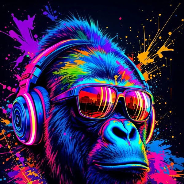 Touteladeco / Toile / Tableau / tableau gorille fluo / déco street art / art urbain / toile DJ néon / gorille moderne / graffiti coloré / déco murale pop / art contemporain