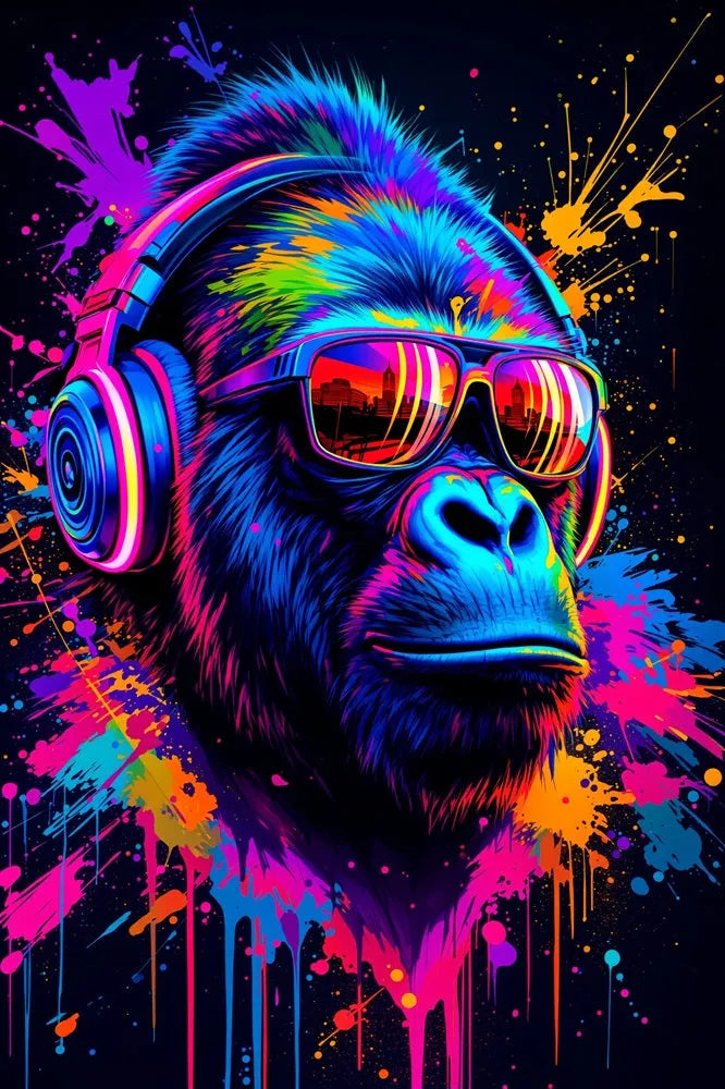Touteladeco / Toile / Tableau / tableau gorille fluo / déco street art / art urbain / toile DJ néon / gorille moderne / graffiti coloré / déco murale pop / art contemporain