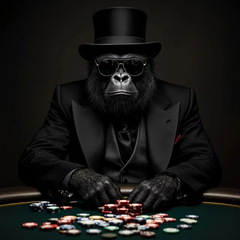 Touteladeco / Toile / Tableau / gorille poker / toile gangster / tableau animalier chic / décoration poker / art mural casino / gorille élégant / toile ambiance mafia / tableau gorille costume