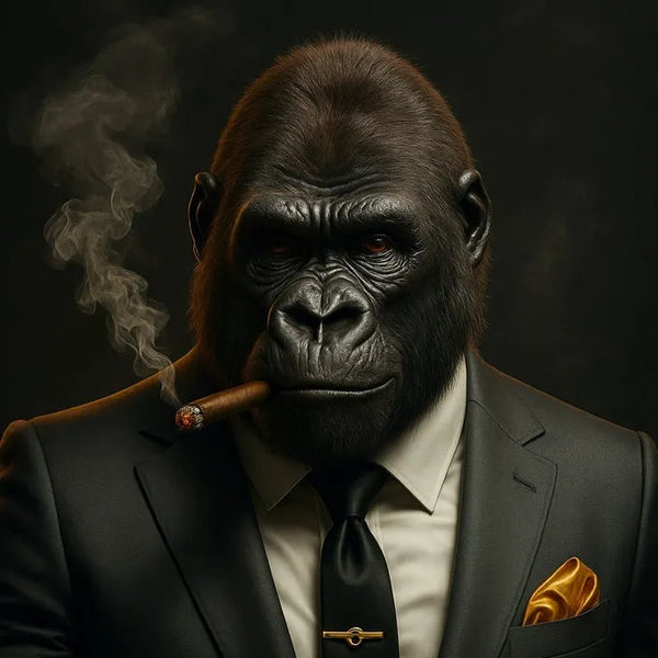 Touteladeco / Toile / Tableau / gorille costume / gorille élégant / tableau gorille fumeur / art urbain gorille / pop art animal / tableau cigare gorille / décoration puissante / toile moderne gorille