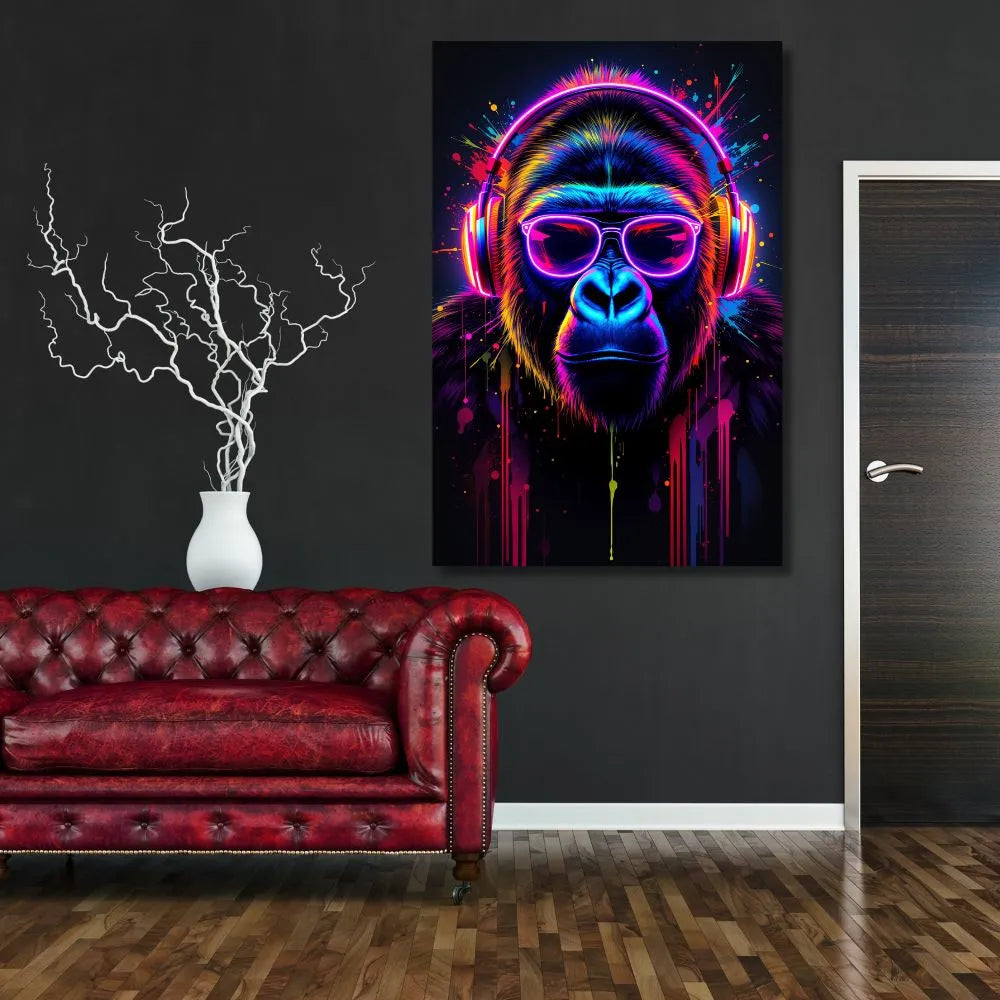 Touteladeco / Toile / Tableau / toile gorille / déco pop art / tableau DJ / street art fluo / art urbain / gorille néon / tableau moderne / décoration murale