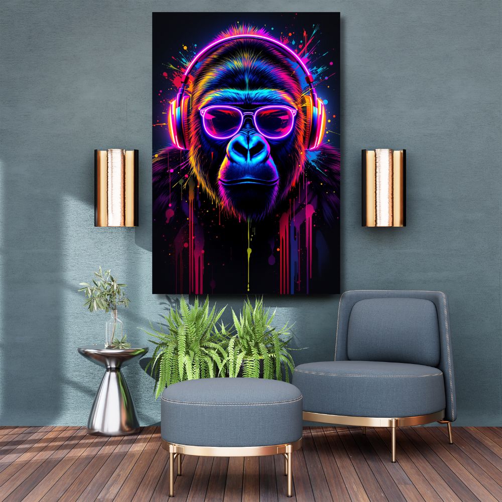 Touteladeco / Toile / Tableau / toile gorille / déco pop art / tableau DJ / street art fluo / art urbain / gorille néon / tableau moderne / décoration murale