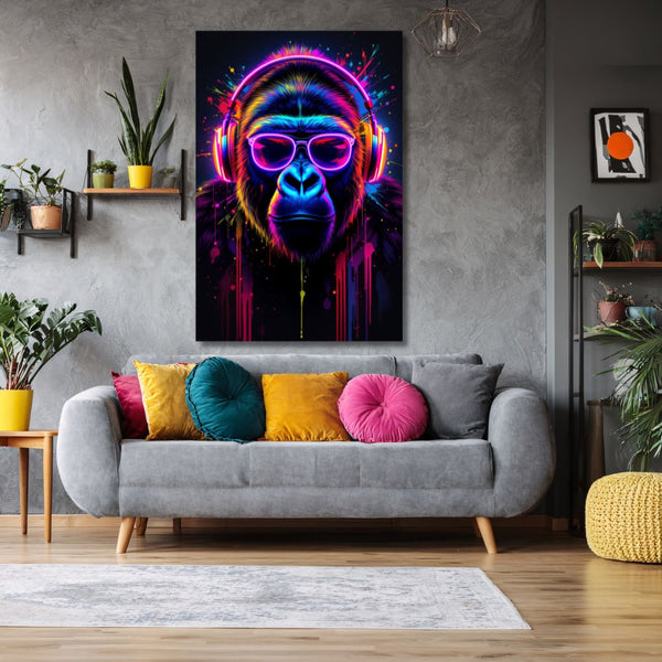 Touteladeco / Toile / Tableau / toile gorille / déco pop art / tableau DJ / street art fluo / art urbain / gorille néon / tableau moderne / décoration murale