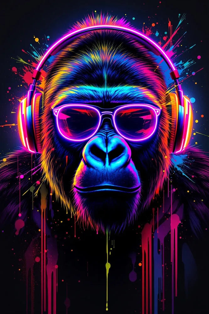 Touteladeco / Toile / Tableau / toile gorille / déco pop art / tableau DJ / street art fluo / art urbain / gorille néon / tableau moderne / décoration murale