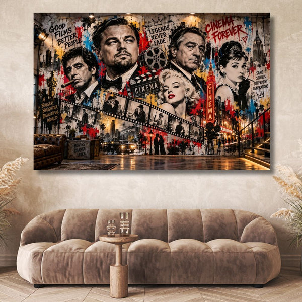 Tableau cinéma, Tableau Street Art, Tableau Hollywood, Décoration murale cinéma, Légendes du cinéma, Tableau acteur, Tableau graffiti, Tableau vintage, Toile cinéma, Leonardo DiCaprio, Robert De Niro, Marilyn Monroe, Décoration salon, Art urbain
