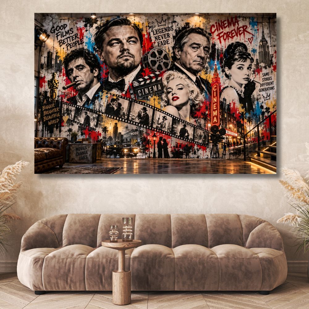 Tableau cinéma, Tableau Street Art, Tableau Hollywood, Décoration murale cinéma, Légendes du cinéma, Tableau acteur, Tableau graffiti, Tableau vintage, Toile cinéma, Leonardo DiCaprio, Robert De Niro, Marilyn Monroe, Décoration salon, Art urbain
