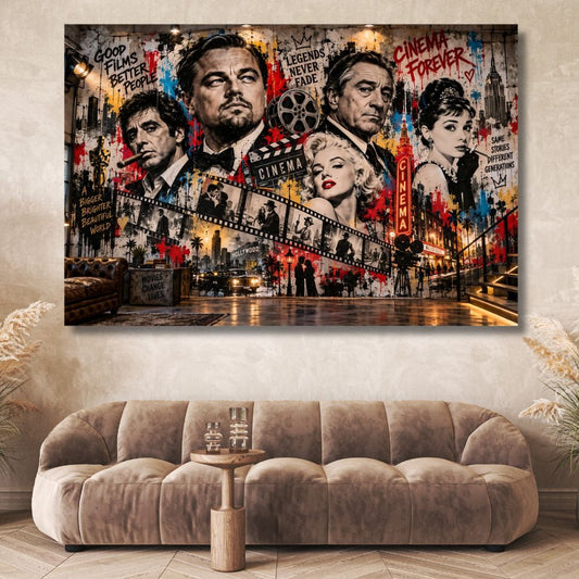 Tableau cinéma, Tableau Street Art, Tableau Hollywood, Décoration murale cinéma, Légendes du cinéma, Tableau acteur, Tableau graffiti, Tableau vintage, Toile cinéma, Leonardo DiCaprio, Robert De Niro, Marilyn Monroe, Décoration salon, Art urbain
